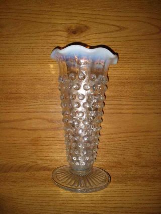 Vintage Fenton Clear Glass Hobnail Vase With White Opalescent Rim 5.  5 "