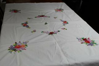Vintage White Cotton Tablecloth Hand Embroidery Flowers 54x64
