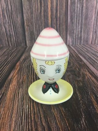 Vintage Egg Cup Holder With Salt Shaker Top Lady Head Hat