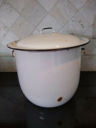 Vintage Enamelware,  White With Black Rim Enamel Ware Stock Pot And Lid
