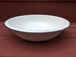 Vintage 12 " Round Enamelware Bowl Basin White Black Trim