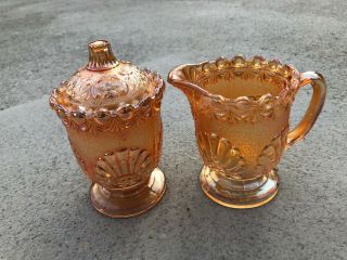 Vintage Carnival Glass Iridescent Gold Shell Design Creamer&sugar Bowl With Lid