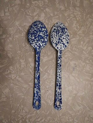 2 Vintage Graniteware Enamelware Blue & White Swirl Spatter Serving Spoons