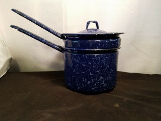 Vintage Blue And White 3 Piece Granite Ware Enamel Double Boiler