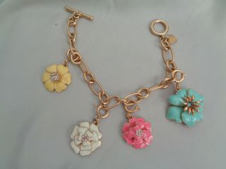 Vintage Bracelet 7 " With Multi Color Enamel Flower Charms,  Heart Charm Logo
