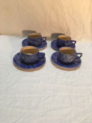 Mayer China " Mayan Ware " Vintage Demitasse Cup And Saucer Fabulous Blue Set Of 4