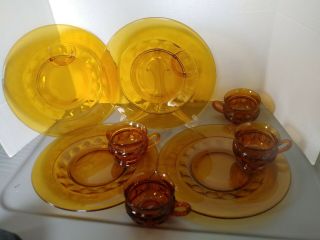 Vintage Indiana Amber Kings Crown Thumbprint Snack Set Cup And Plate Set Of 4