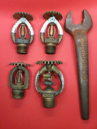 4 Unique Vintage Brass Fire Sprinkler Heads And Wrench Star Firematic Central