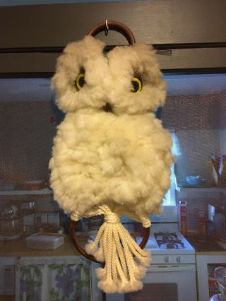 Vtg Owl Macrame Wall Hanging Towel Holder Ceramic Eyes And Beak