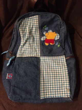 Disney Vintage Winnie The Pooh Denim Jean Backpack Zippered Pouch 3 Pockets