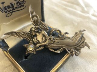 Vintage Jj Jonette Jewelry Angel & Star Pin / Brooch Pewter