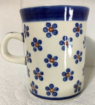1 Vintage Polish Pottery Coffee Mugs 8 Oz Boleslawiec Blue Daisy Flowers