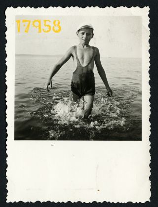Cute Boy In Lake Balaton,  Swimsuit,  Vintage Photograph,  1930’s Hungary