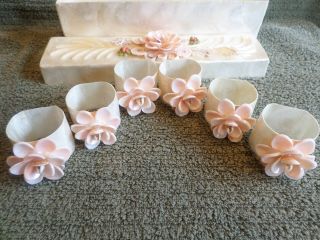Vtg Pink Floral Capiz Shell 6 Pc Napkin Ring Box Set Iridescent Mom 