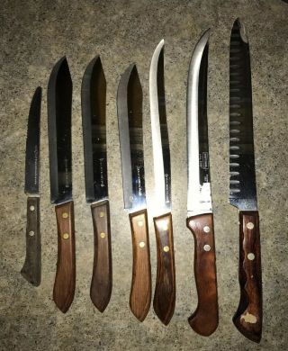 7 Vintage Wood Handled Kitchen Knives 6 Ekco Stainless Usa.  1 Craftsman Usa