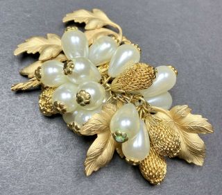 Vintage Brooch Pin Large 3” Long Dangle Flower Faux Pearl Gold Tone Filigree