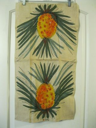 Vintage Vera Dish Towel,  Pineapple Print,  Orange/yellow/green On Khaki Color