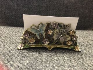 Vintage Metal Colorful Butterfly & Flower Desk Business Card Holder 4 1/4 " Wide