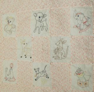 Vtg Tied Baby Quilt Hand Embroidered Animals Toys Pink Floral Print Border