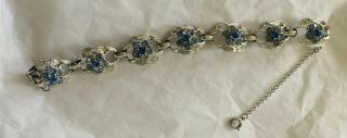 Vintage Signed Coro Blue Rhinestone Flower Bracelet Silver Toned