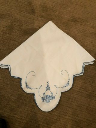 Vintage Hand Embroidered Table/dresser Scarf Blue/white Linen Crocheted Trim
