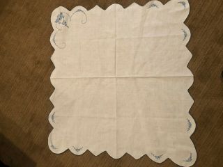 Vintage Hand Embroidered Table/Dresser Scarf Blue/White Linen Crocheted Trim 2