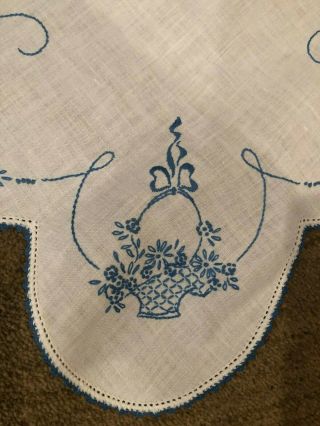Vintage Hand Embroidered Table/Dresser Scarf Blue/White Linen Crocheted Trim 3