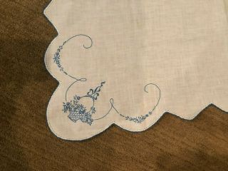 Vintage Hand Embroidered Table/Dresser Scarf Blue/White Linen Crocheted Trim 4