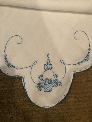 Vintage Hand Embroidered Table/Dresser Scarf Blue/White Linen Crocheted Trim 5