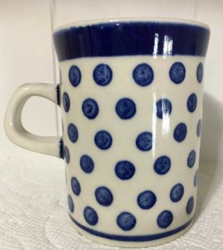 1 Vintage Polish Pottery Coffee Mug 8 Oz Boleslawiec Blue Polka Dots