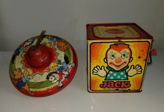 Vintage 1971 Mattel Jack In The Box Clown & Spinning Top Metal Toys