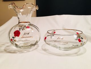 Vintage Fenton 40th Anniversary Vase And Bowl With Gold Trim And Red Roses