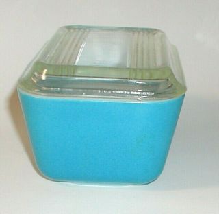VINTAGE PYREX 502B TURQUOISE BLUE WHITE GLASS REFRIGERATOR DISH,  LID MADE IN USA 3