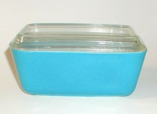 VINTAGE PYREX 502B TURQUOISE BLUE WHITE GLASS REFRIGERATOR DISH,  LID MADE IN USA 4