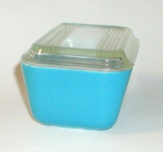 VINTAGE PYREX 502B TURQUOISE BLUE WHITE GLASS REFRIGERATOR DISH,  LID MADE IN USA 5