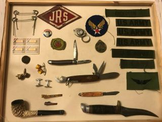 Vintage Junk Drawer Men’s Knives Military Patches Smoking Pipe Pins Cufflinks