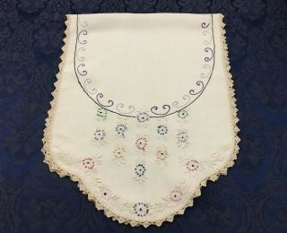 Vintage Linen Table Runner Dresser Scarf Embroidered Flowers Crochet Lace R179 3