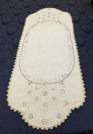 Vintage Linen Table Runner Dresser Scarf Embroidered Flowers Crochet Lace R179 4