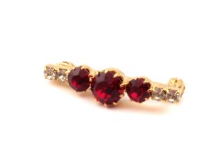 Vintage Czech Gold Plated Ruby Red Clear Glass Rhinestone Bar Pin Brooch