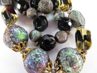 Vintage Jet Black Faceted Crackle Glass Beads Single Strand Necklace