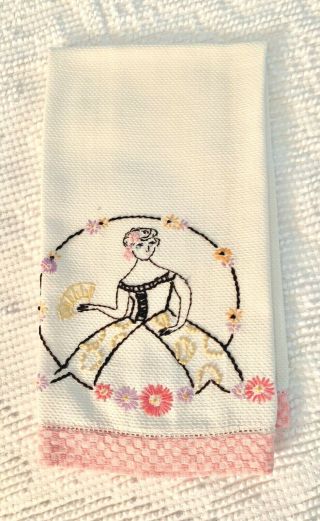 Vintage Tea Towel,  Embroidered Lady,  Feminine,  French Knots.  Bedroom Or Bath