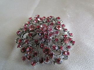 Large Vintage Estate Rhinestone Flower Brooch Pin Pink Rose Silver Tone