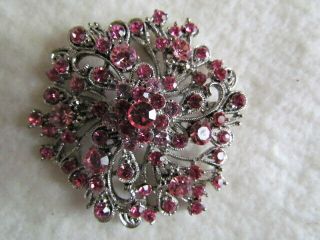 Large Vintage Estate Rhinestone Flower Brooch Pin Pink Rose Silver Tone 2