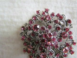 Large Vintage Estate Rhinestone Flower Brooch Pin Pink Rose Silver Tone 4