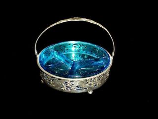 Vintage Blue Depression Glass Divided Candy Nut Dish W/ Silverplate Holder