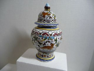 Vintage Ceramic Jar Hand Painted Ceramica Alcobaca Portugal Deer Birds Euc