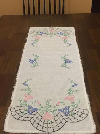 Vintage Handmade Table Runner With Embroidered Purple Pink Flowers Crochet