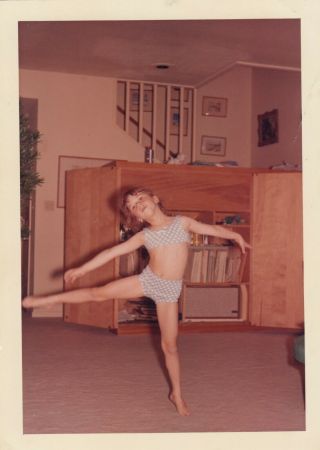 Vintage Photo Cute Little Girl Dancing In Mid Century Living Room Snapshot