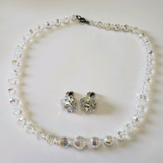 Vintage Estate 1950s Single Strand Aurora Borealis Crystal Necklace Earrings Set