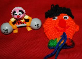 Vintage Sesame Street Knit Crochet Ernie Finger Puppet & Rubber Animal Figure